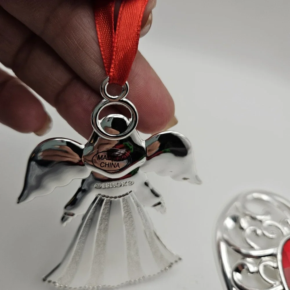 Lenox Silverplate Angel & Heart Hanging Ornaments Set of 2, Silver/Red Christmas
